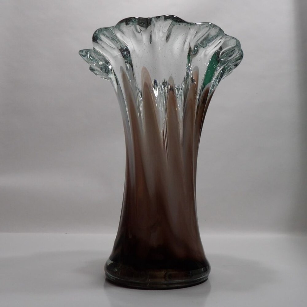 Vintage Hand Blown Art Glass Vase Purple Fused Clear Decorative Display